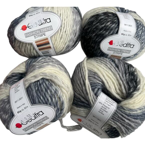 4 Skeins Gedifra FASHION TREND STRIPE Yarn | #4616 Gray Cream - Picture 1 of 9